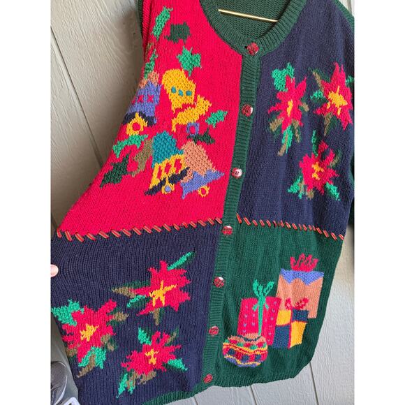 Vintage 90s Honors Plus Christmas Cardigan Sweater 22W/24W Poinsettia & Gift - Picture 3 of 7